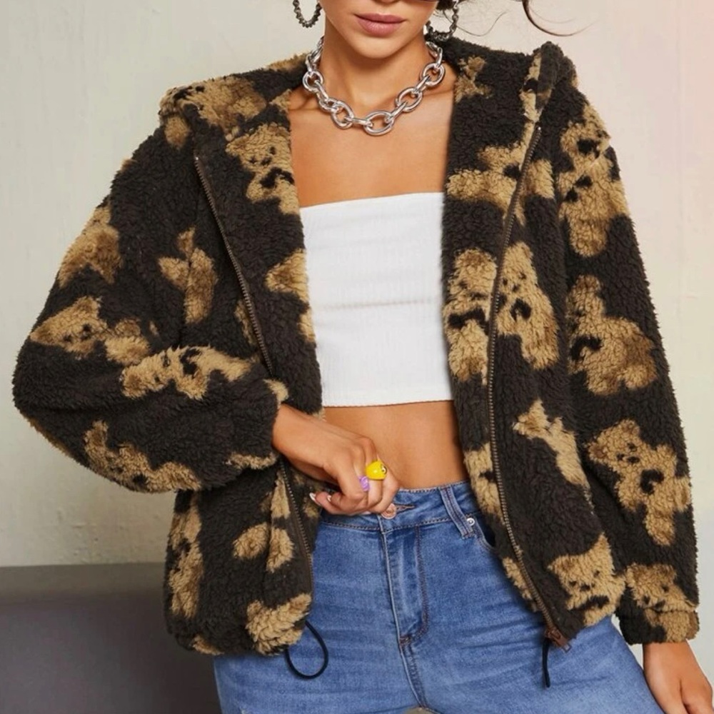 Teddy Bear Pattern Fur Hooded Jacket